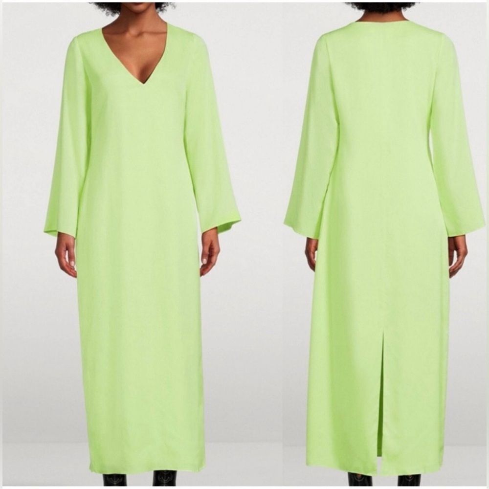 Mara Hoffman Naliyah Neon Green Lime V Neck Midi Dress